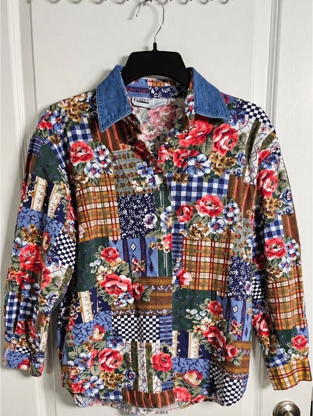 Vintage 90s Capacity M Floral Patchwork Button Shirt Denim Collar Cottagecore